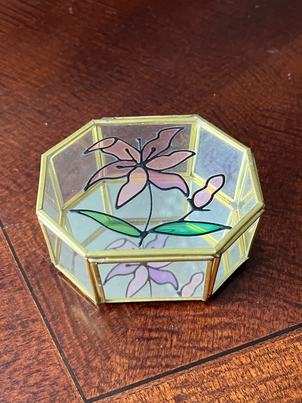 Vintage Trinket Jewelry Box Mirror Glass Gold Metal Octagon Flower Floral Lily 🪻